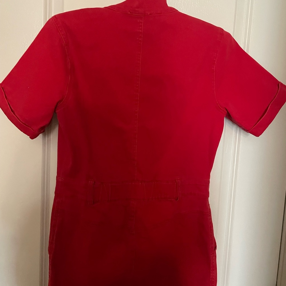 Red Short Sleeve Denim Jumpsuit Boiler Suit - Picture 6 of 11